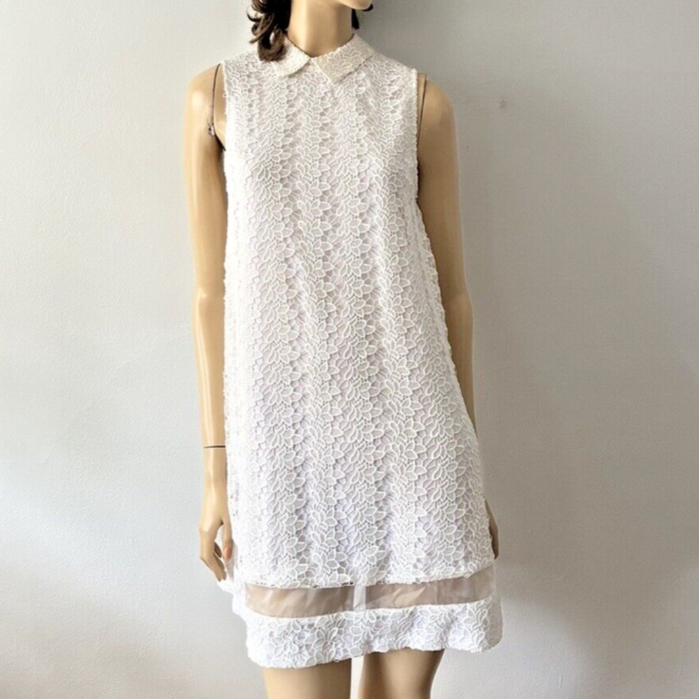 Alice + Olivia Irene Lace Dress XS Silk White Floral Guipure Collared Sleeveless